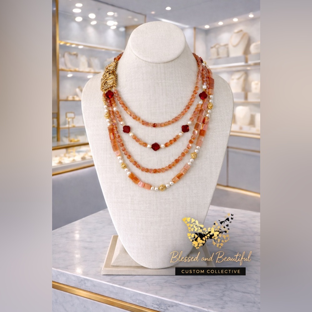 Handmade Sunstone and Pearl Alhambra Statement Necklace